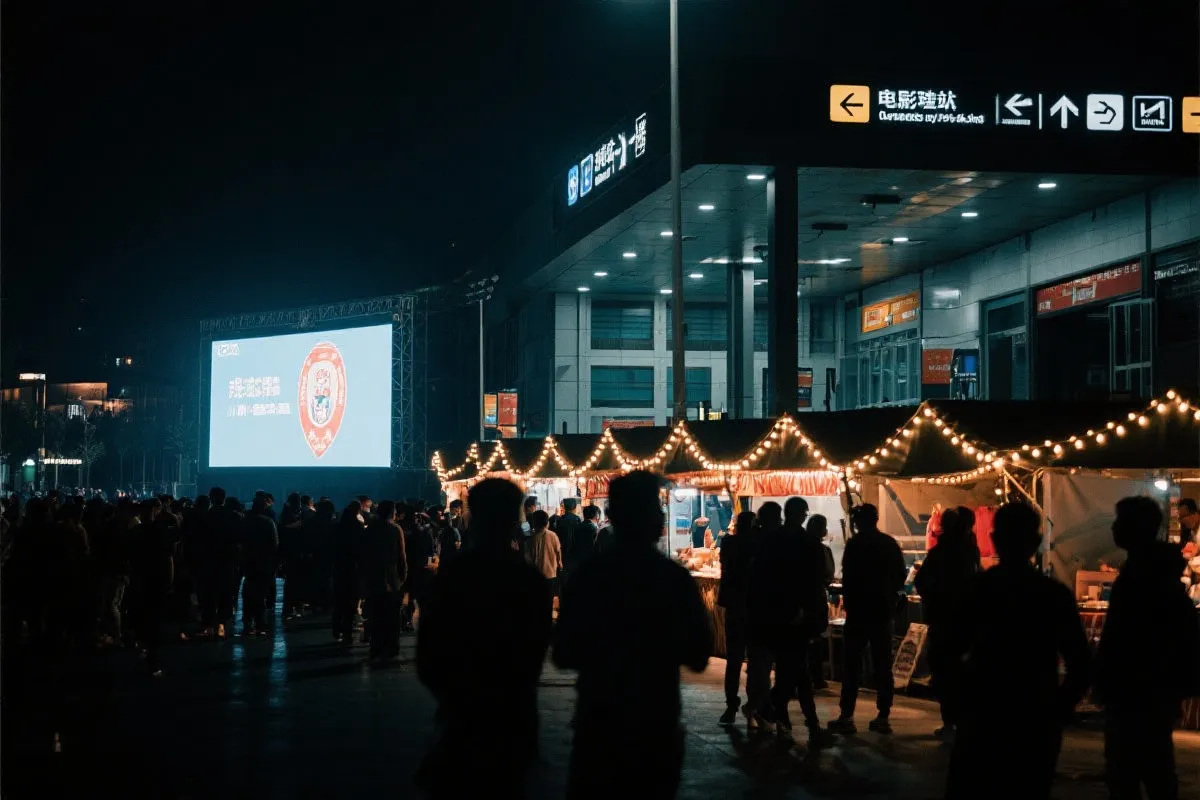 费城球迷广场夜景：大屏观赛人群、步行指示牌与公共交通入口
